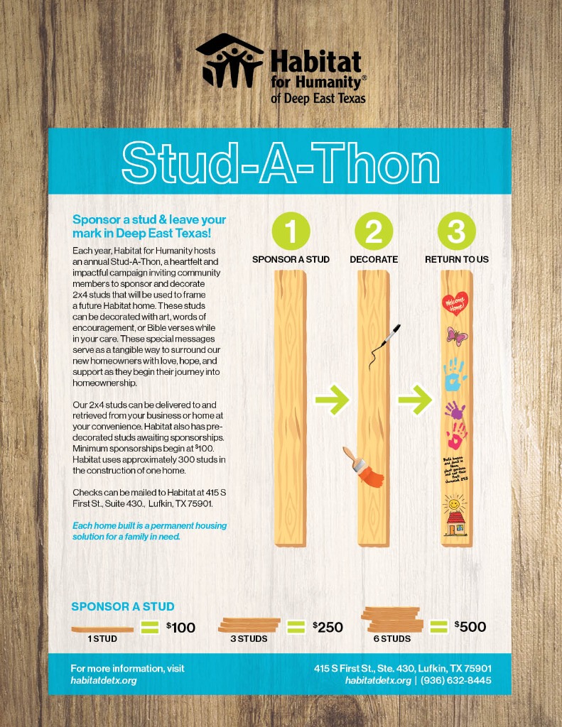 Stud-A-Thon 2026 Overview Flyer - Sponsor a stud & leave your mark in Deep East Texas!