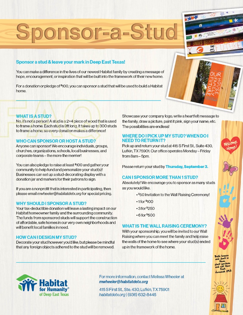 Sponsor-a-Stud Guidelines & FAQ Flyer - Habitat for Humanity of Deep East Texas
